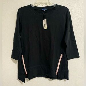 Top Ligne Black Cotton 3/4 Sleeve Zip Front Tee sz XS/S NWT MSRP $96